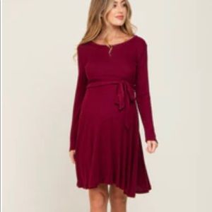 Burgundy Soft Rib Knit Sash Tie Maternity Dress